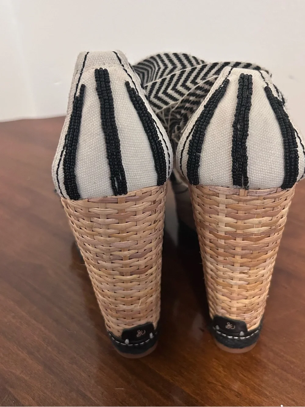Sam Edelman Trey Black White Beaded Espadrille Wedge Platform Sandals size 8